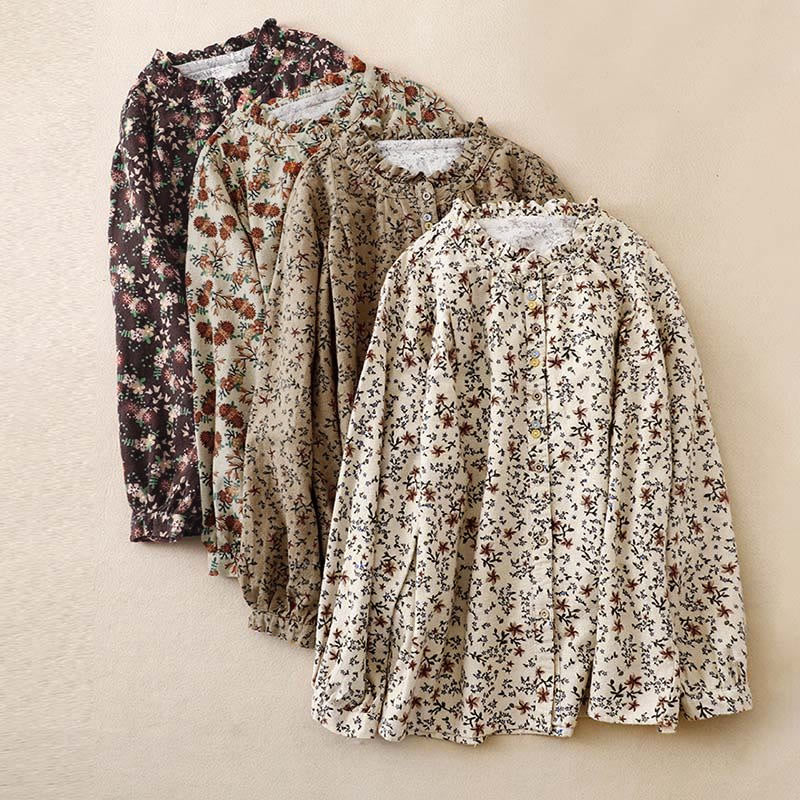 Buddha Stones Fall Floral Print Buttons Down Design Women's Cotton Long Sleeve Shirt - image 1