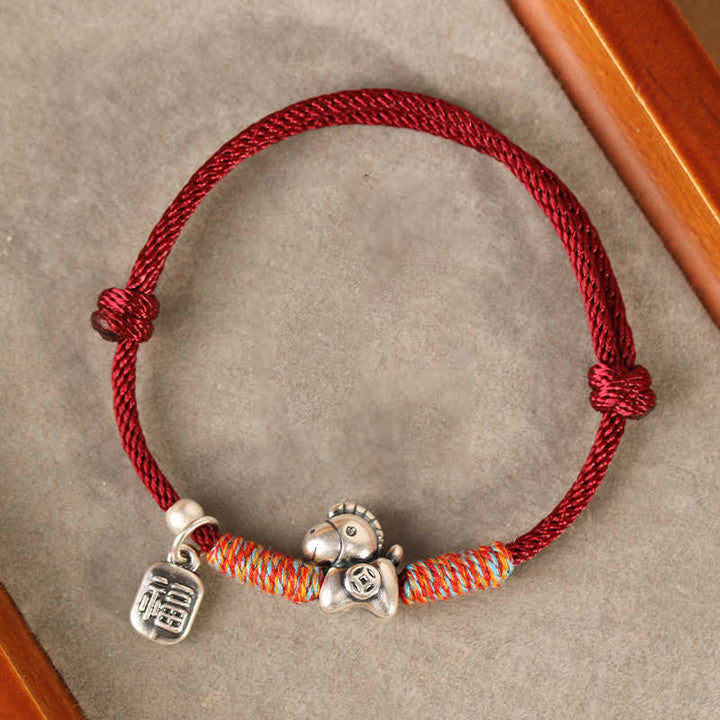 Buddha Stones 999 Sterling Silver Year Of The Horse Fu Character Charm String Braided Luck Bracelet - image 0