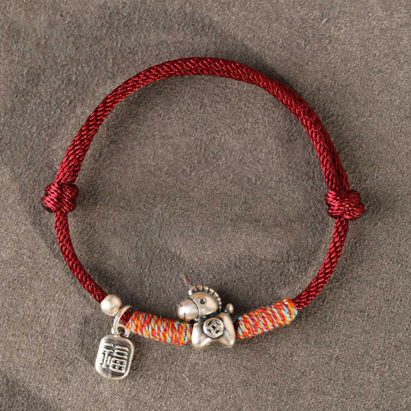 Buddha Stones 999 Sterling Silver Year Of The Horse Fu Character Charm String Braided Luck Bracelet - DarkRed String(Wrist Circumference: 14-18cm) - image 1