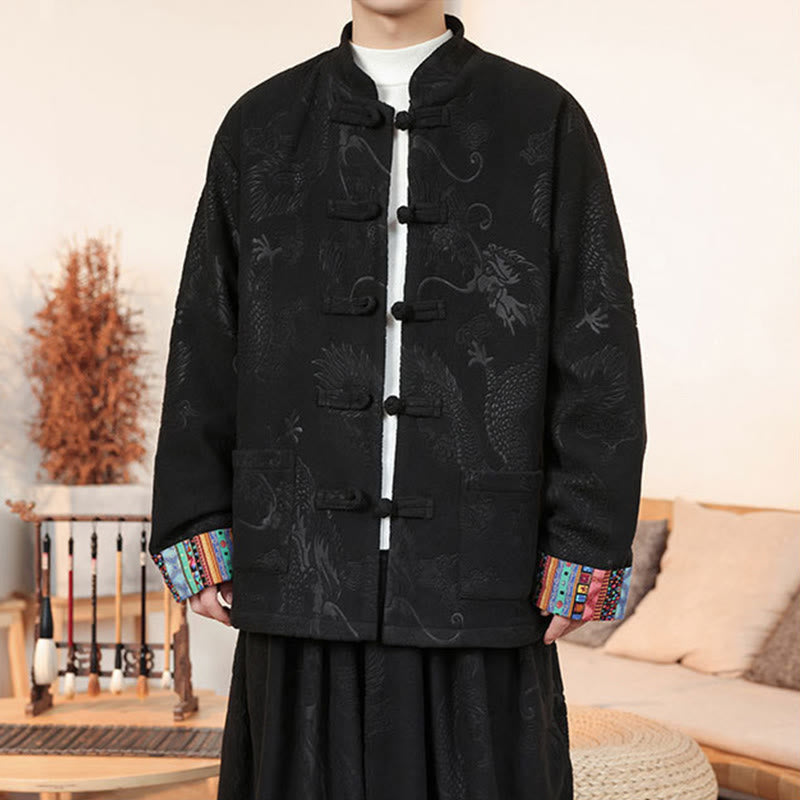 Buddha Stones 2Pcs Fall Winter Men's Tang Suit Dragon Frog-Button Cotton Long Sleeve Jacket Pants Set - image 8