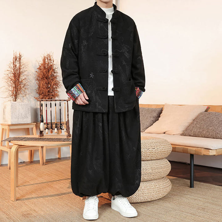 Buddha Stones 2Pcs Fall Winter Men's Tang Suit Dragon Frog-Button Cotton Long Sleeve Jacket Pants Set - image 6