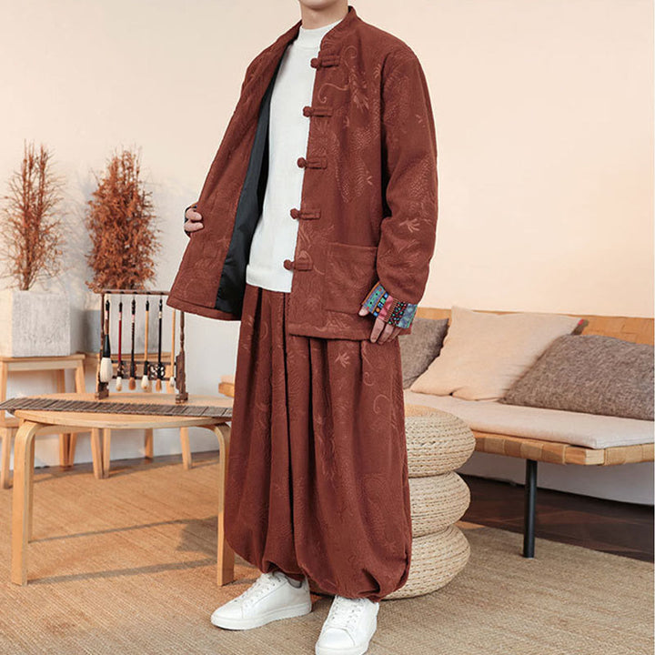 Buddha Stones 2Pcs Fall Winter Men's Tang Suit Dragon Frog-Button Cotton Long Sleeve Jacket Pants Set - image 14