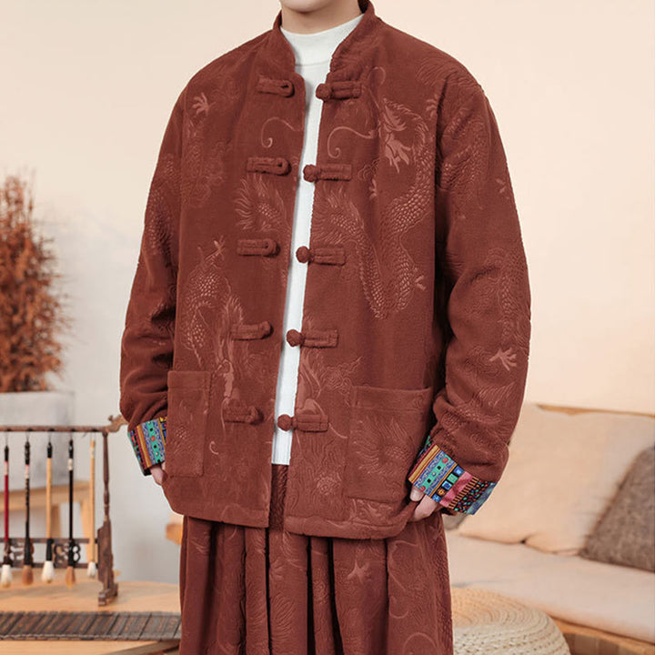 Buddha Stones 2Pcs Fall Winter Men's Tang Suit Dragon Frog-Button Cotton Long Sleeve Jacket Pants Set - image 17