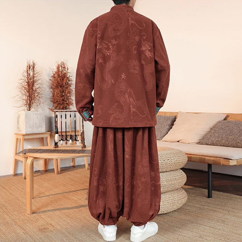 Buddha Stones 2Pcs Fall Winter Men's Tang Suit Dragon Frog-Button Cotton Long Sleeve Jacket Pants Set - image 13