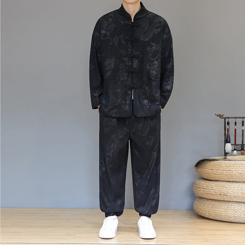 Buddha Stones 2Pcs Fall Winter Men's Tang Suit Dragon Frog-Button Cotton Corduroy Long Sleeve Jacket Pants Set With Pockets - image 14