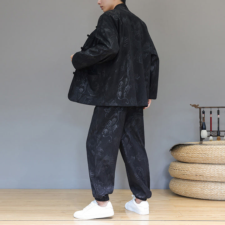 Buddha Stones 2Pcs Fall Winter Men's Tang Suit Dragon Frog-Button Cotton Corduroy Long Sleeve Jacket Pants Set With Pockets - image 15