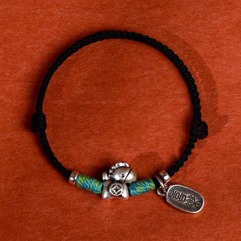 Buddha Stones 999 Sterling Silver Year Of The Horse 925 Sterling Silver Peace And Joy Charm String Braided Luck Bracelet Anklet - Men's Black String Anklet - image 16