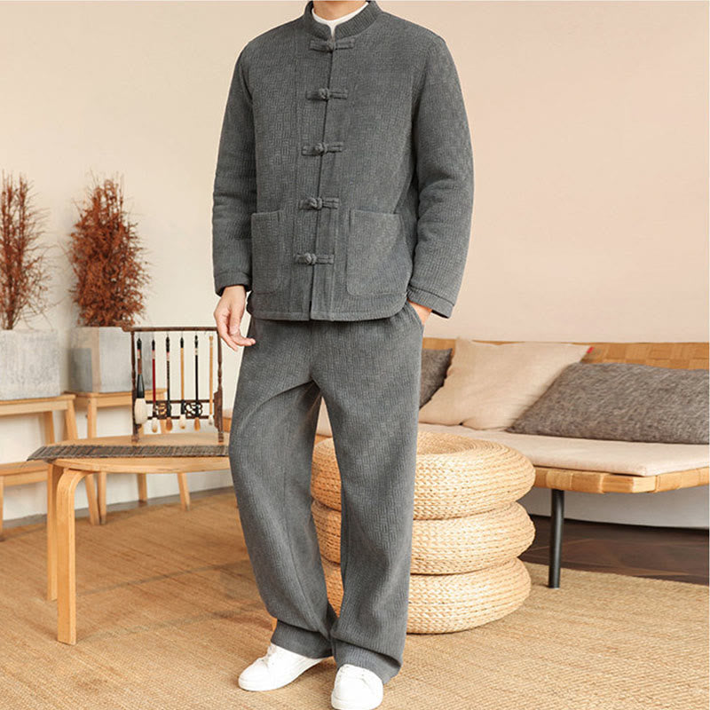 Buddha Stones 2Pcs Winter Solid Men's Tang Suit Frog-Button Cotton Long Sleeve Jacket Pants Set With Pockets - image 4