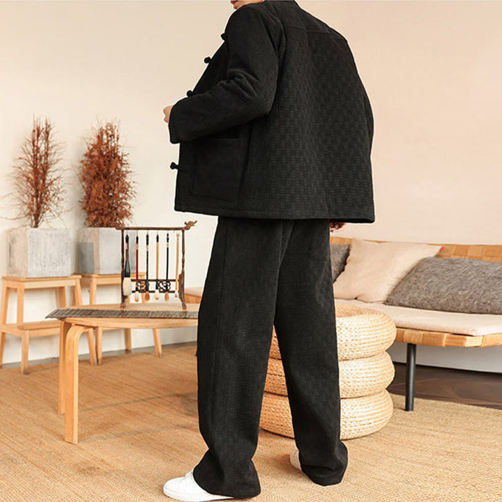 Buddha Stones 2Pcs Winter Solid Men's Tang Suit Frog-Button Cotton Long Sleeve Jacket Pants Set With Pockets - image 20