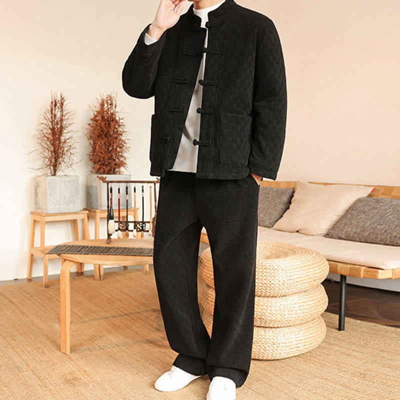 Buddha Stones 2Pcs Winter Solid Men's Tang Suit Frog-Button Cotton Long Sleeve Jacket Pants Set With Pockets - image 23
