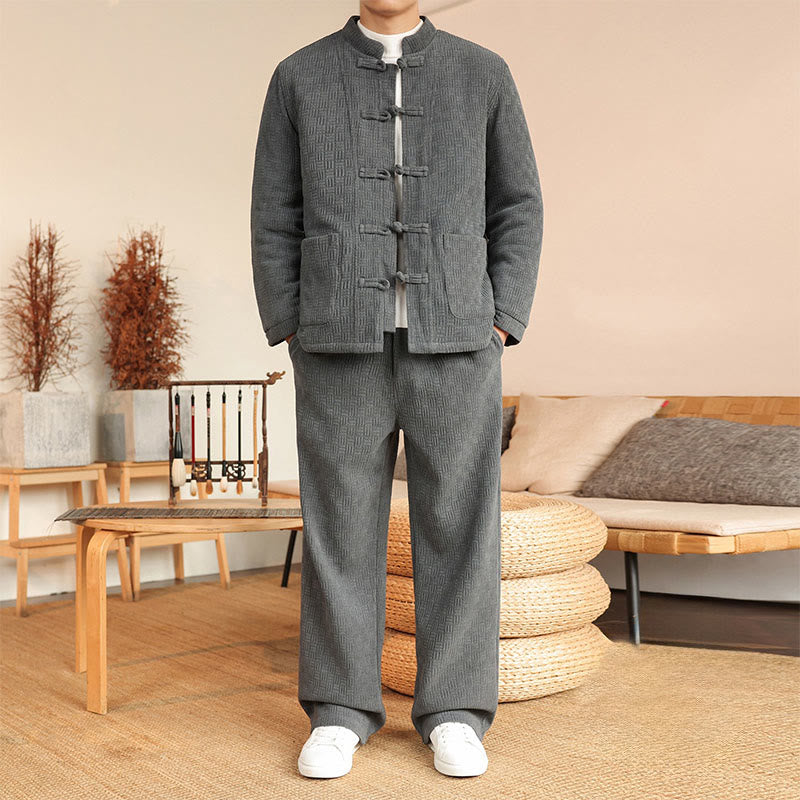 Buddha Stones 2Pcs Winter Solid Men's Tang Suit Frog-Button Cotton Long Sleeve Jacket Pants Set With Pockets - Gray - US/UK/AU46，EU56 (5XL) - image 0