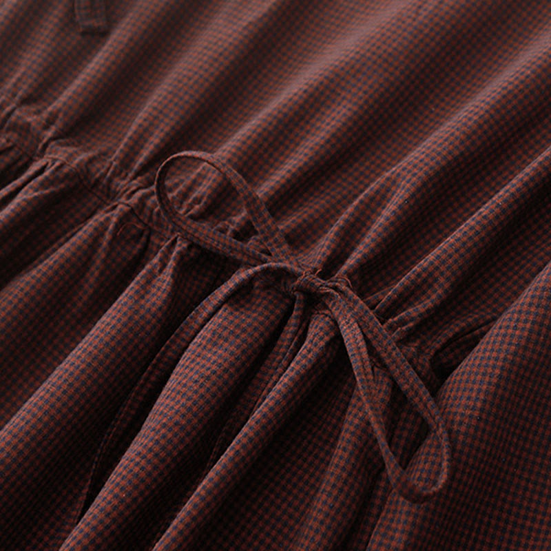 Buddha Stones Fall Brown Plaid Stand Collar Frog-Button Design Long Sleeve Midi Dress With Pockets - image 7