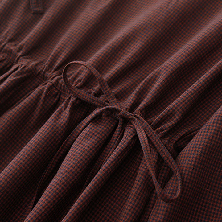 Buddha Stones Fall Brown Plaid Stand Collar Frog-Button Design Long Sleeve Midi Dress With Pockets - image 7