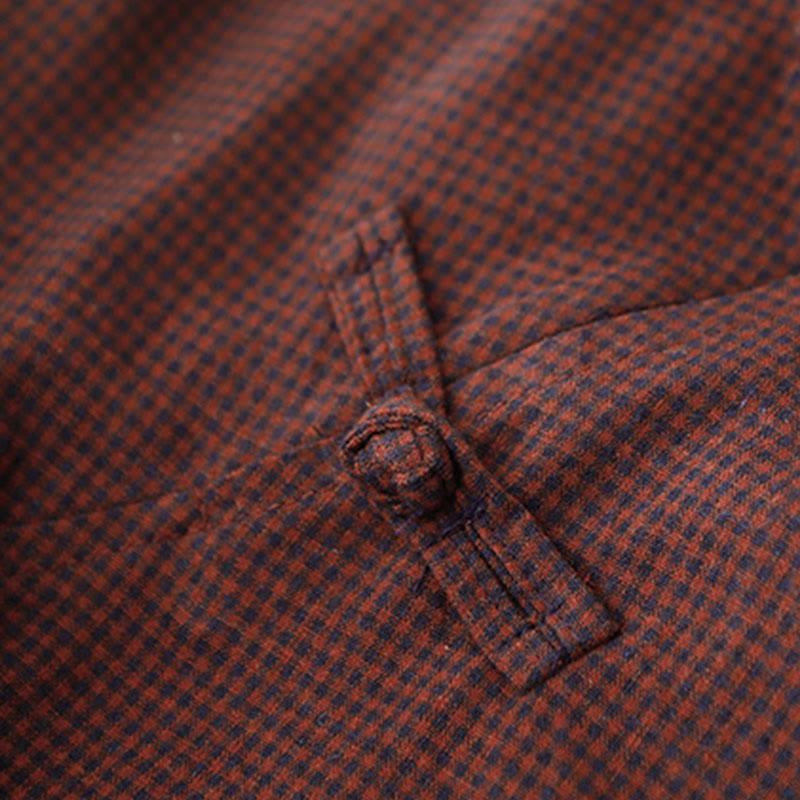 Buddha Stones Fall Brown Plaid Stand Collar Frog-Button Design Long Sleeve Midi Dress With Pockets - image 3