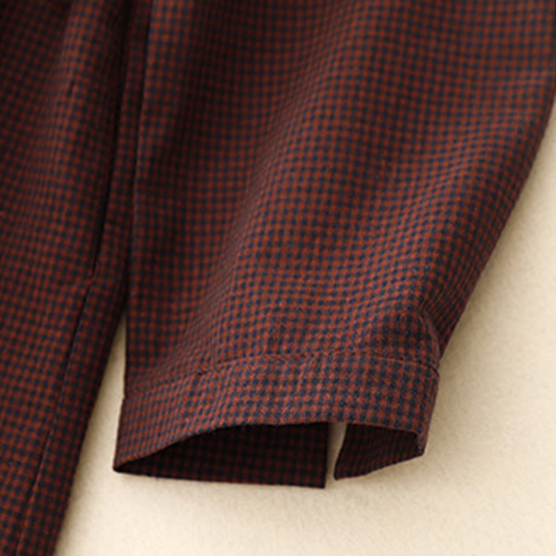 Buddha Stones Fall Brown Plaid Stand Collar Frog-Button Design Long Sleeve Midi Dress With Pockets - image 9