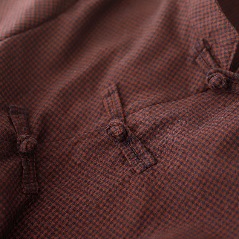 Buddha Stones Fall Brown Plaid Stand Collar Frog-Button Design Long Sleeve Midi Dress With Pockets - image 4