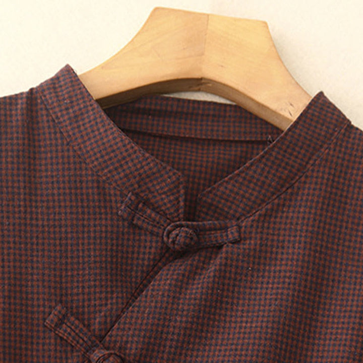 Buddha Stones Fall Brown Plaid Stand Collar Frog-Button Design Long Sleeve Midi Dress With Pockets - image 2