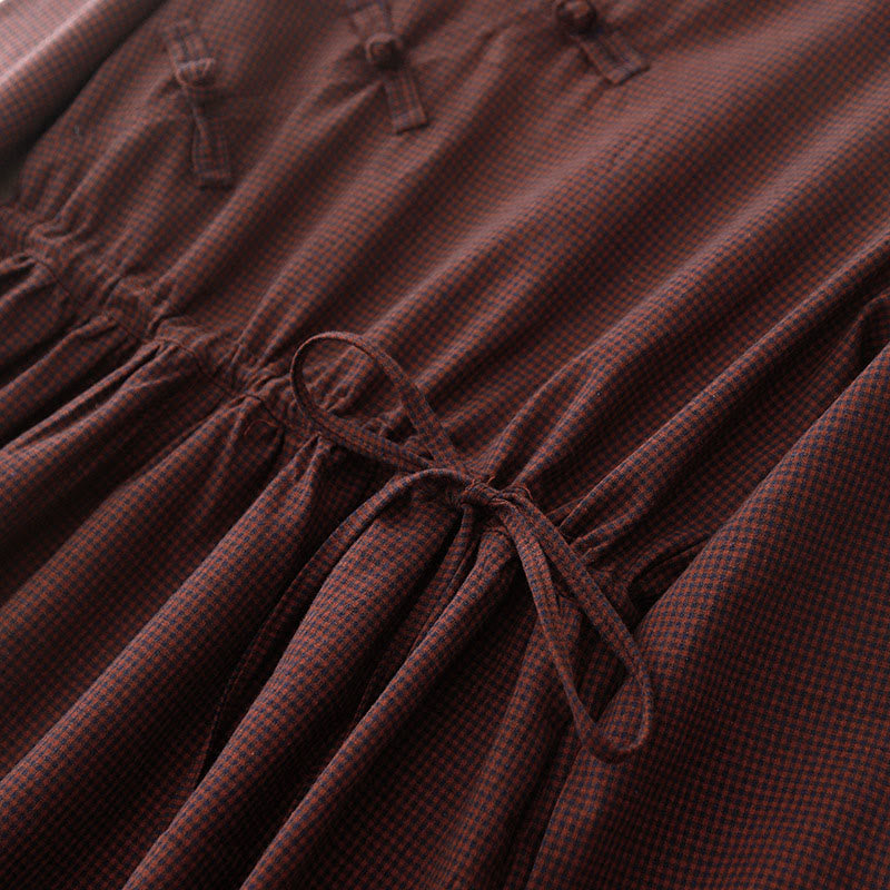 Buddha Stones Fall Brown Plaid Stand Collar Frog-Button Design Long Sleeve Midi Dress With Pockets - image 6