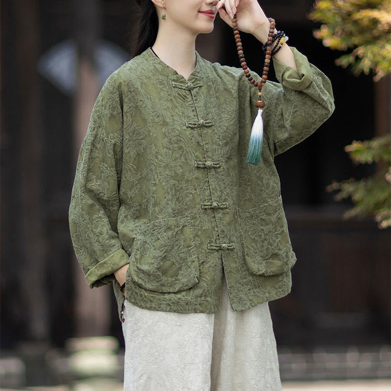 Buddha Stones Fall Jacquard Women's Frog-Button Long Sleeve Shirt Pants Cotton Linen Clothing - image 1