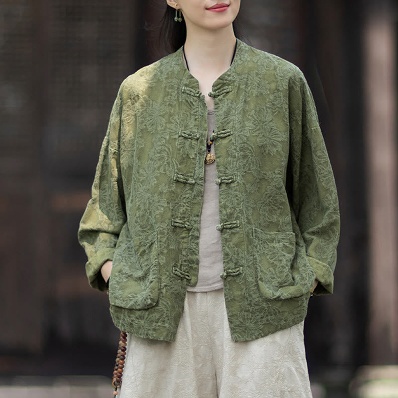 Buddha Stones Fall Jacquard Women's Frog-Button Long Sleeve Shirt Pants Cotton Linen Clothing - image 6