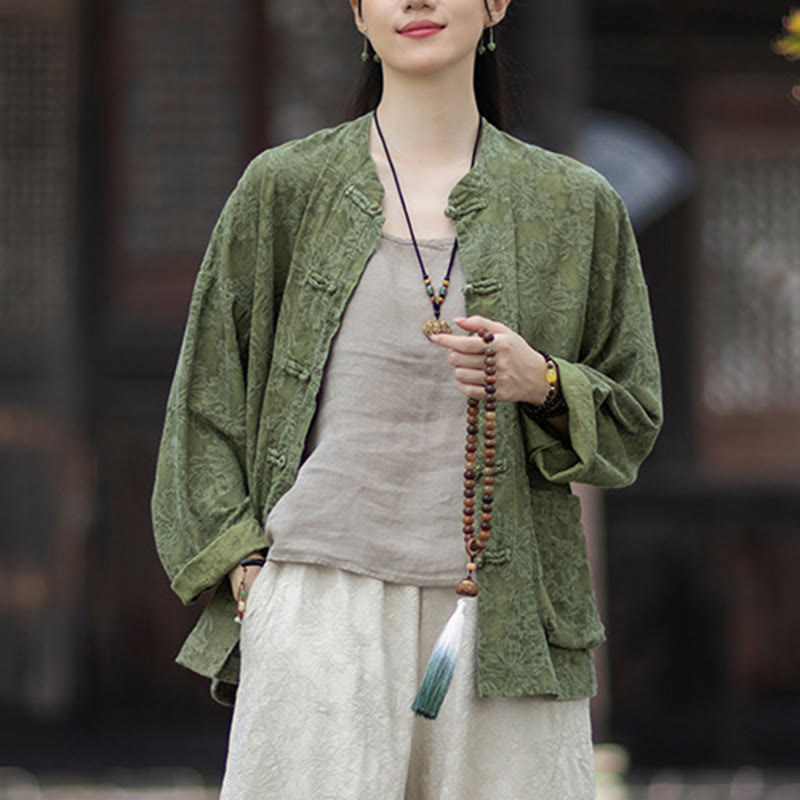 Buddha Stones Fall Jacquard Women's Frog-Button Long Sleeve Shirt Pants Cotton Linen Clothing - image 8