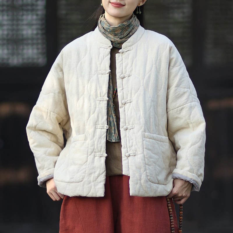 Buddha Stones Winter Curved Lines Frog-Button Ramie Cotton Long Sleeve Women's Thermal Jacket With Pockets - Linen - US4-12，UK/AU8-16，EU36-44 (F) - image 14