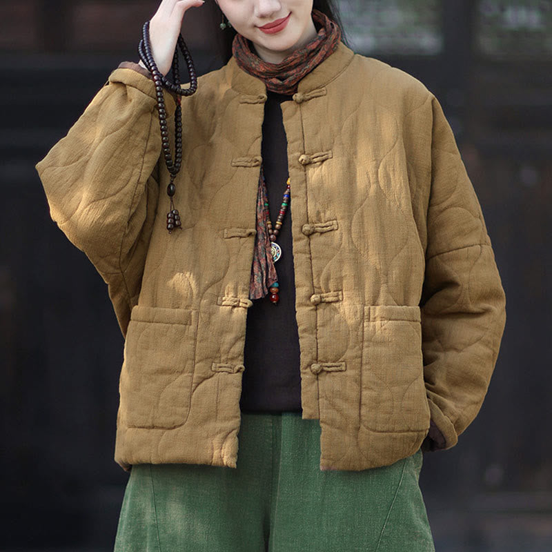 Buddha Stones Winter Curved Lines Frog-Button Ramie Cotton Long Sleeve Women's Thermal Jacket With Pockets - Goldenrod - US4-12，UK/AU8-16，EU36-44 (F) - image 29