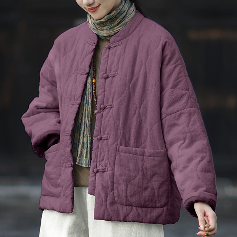 Buddha Stones Winter Curved Lines Frog-Button Ramie Cotton Long Sleeve Women's Thermal Jacket With Pockets - image 39