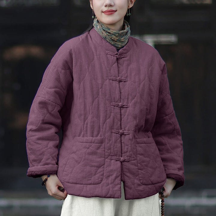 Buddha Stones Winter Curved Lines Frog-Button Ramie Cotton Long Sleeve Women's Thermal Jacket With Pockets - image 42