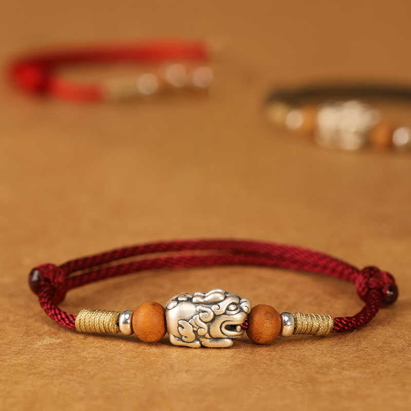 Buddha Stones 999 Sterling Silver Pixiu Charm Peach Wood Bead Handmade String Braided Luck Bracelet Anklet - image 0