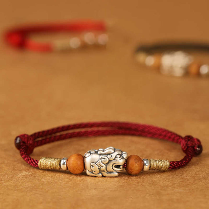 Buddha Stones 999 Sterling Silver Pixiu Charm Peach Wood Bead Handmade String Braided Luck Bracelet Anklet - image 0