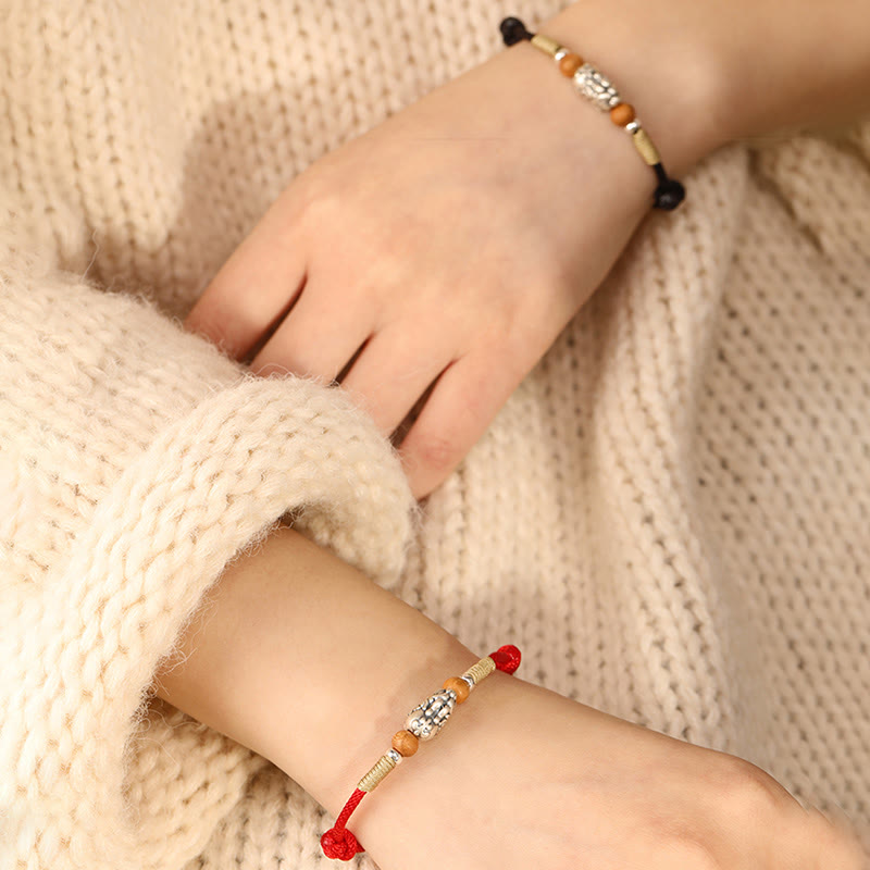 Buddha Stones 999 Sterling Silver Pixiu Charm Peach Wood Bead Handmade String Braided Luck Bracelet Anklet - image 19