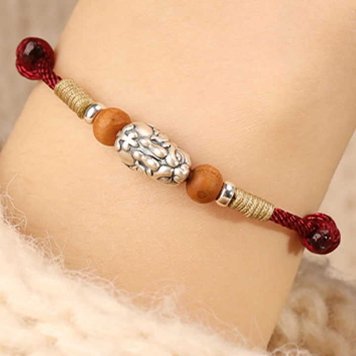Buddha Stones 999 Sterling Silver Pixiu Charm Peach Wood Bead Handmade String Braided Luck Bracelet Anklet - image 7