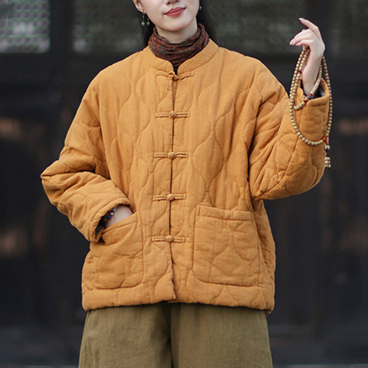 Buddha Stones Winter Curved Lines Frog-Button Ramie Cotton Long Sleeve Women's Thermal Jacket With Pockets - image 10