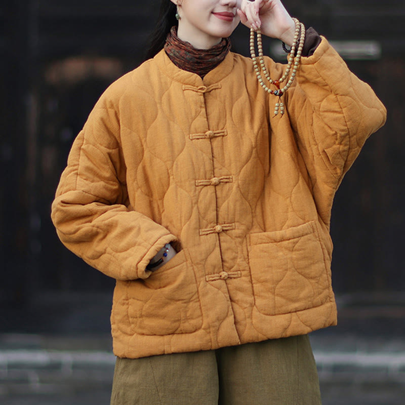 Buddha Stones Winter Curved Lines Frog-Button Ramie Cotton Long Sleeve Women's Thermal Jacket With Pockets - image 5