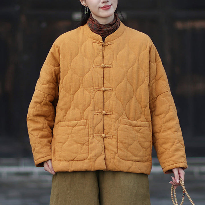 Buddha Stones Winter Curved Lines Frog-Button Ramie Cotton Long Sleeve Women's Thermal Jacket With Pockets - image 4