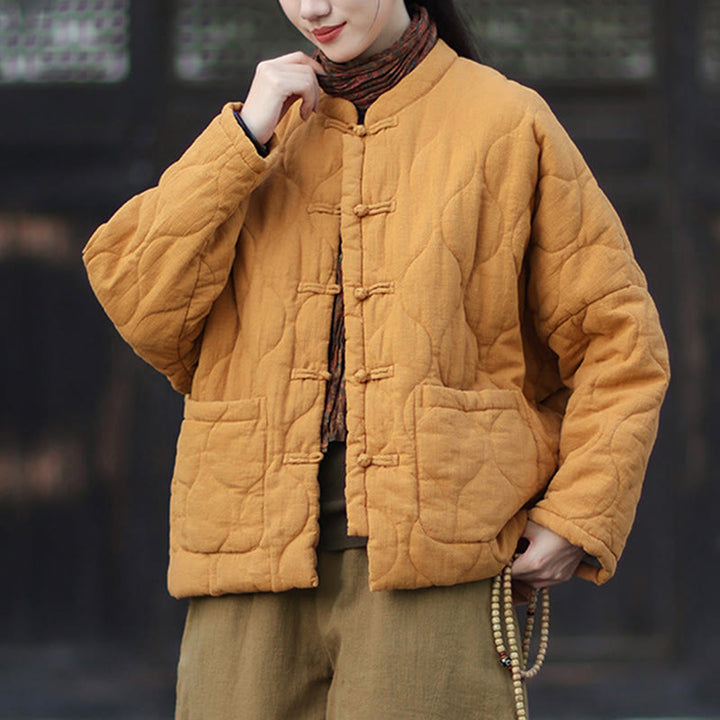 Buddha Stones Winter Curved Lines Frog-Button Ramie Cotton Long Sleeve Women's Thermal Jacket With Pockets - image 3