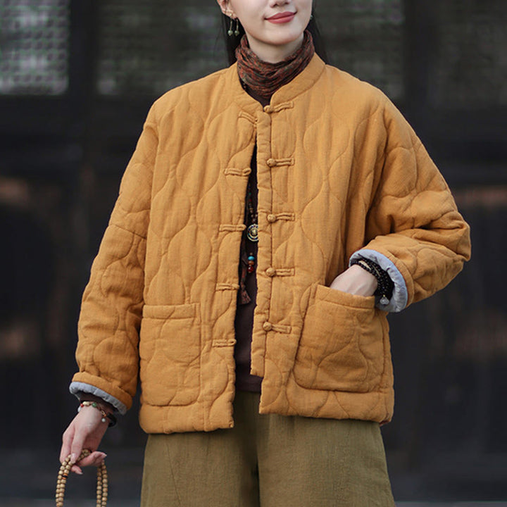 Buddha Stones Winter Curved Lines Frog-Button Ramie Cotton Long Sleeve Women's Thermal Jacket With Pockets - image 2