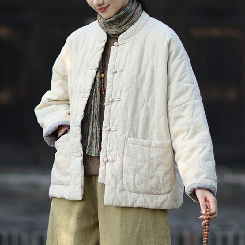 Buddha Stones Winter Curved Lines Frog-Button Ramie Cotton Long Sleeve Women's Thermal Jacket With Pockets - image 16