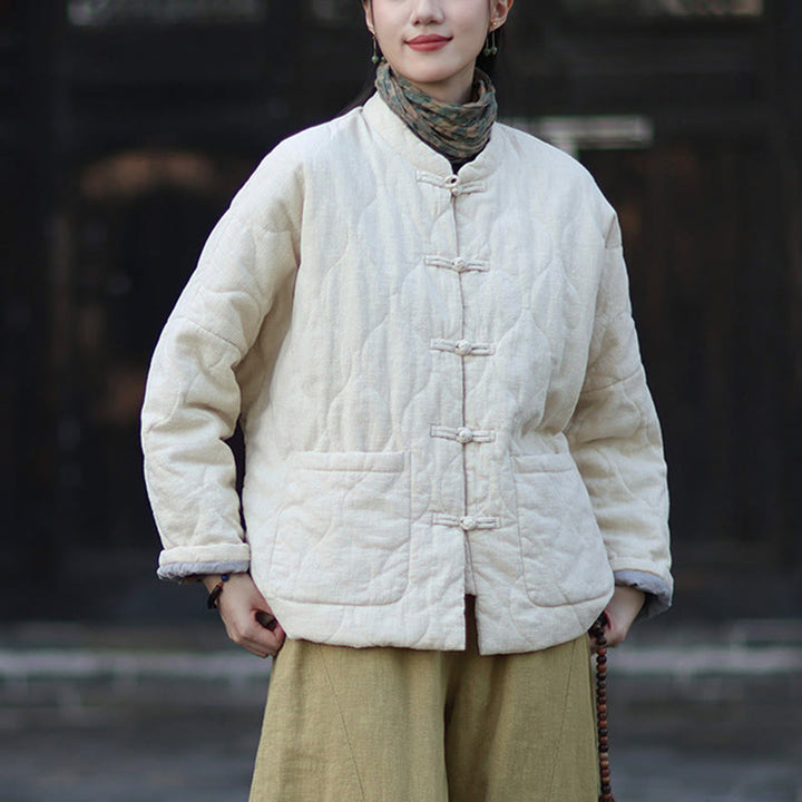 Buddha Stones Winter Curved Lines Frog-Button Ramie Cotton Long Sleeve Women's Thermal Jacket With Pockets - image 22