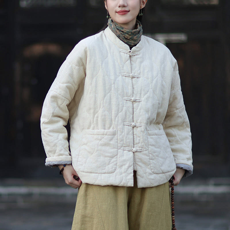 Buddha Stones Winter Curved Lines Frog-Button Ramie Cotton Long Sleeve Women's Thermal Jacket With Pockets - image 22