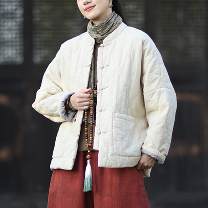 Buddha Stones Winter Curved Lines Frog-Button Ramie Cotton Long Sleeve Women's Thermal Jacket With Pockets - image 28