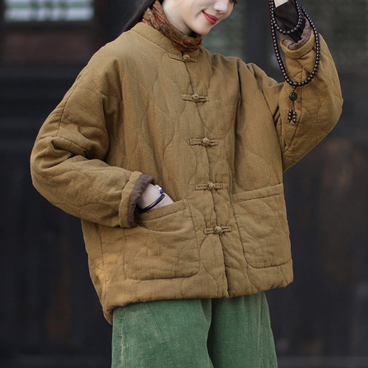 Buddha Stones Winter Curved Lines Frog-Button Ramie Cotton Long Sleeve Women's Thermal Jacket With Pockets - image 36