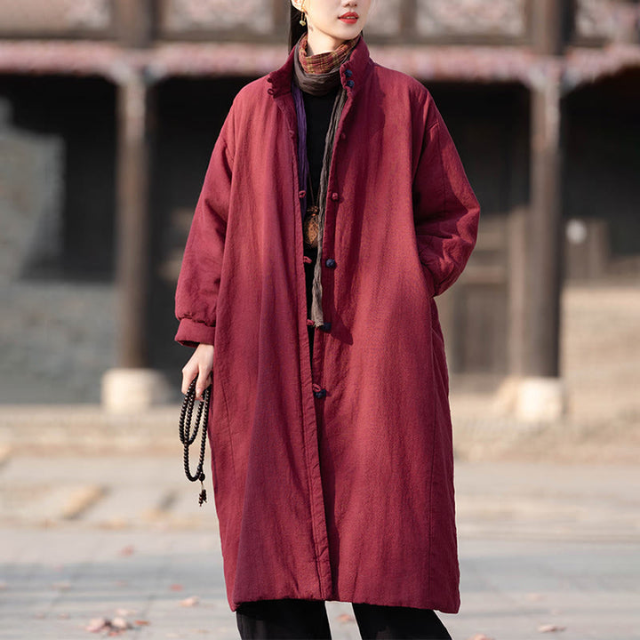 Buddha Stones Winter Solid Frog-Button Ramie Cotton Women's Long Sleeve Thermal Coat With Pockets - Crimson - US6，UK/AU10，EU38 (M) - image 10