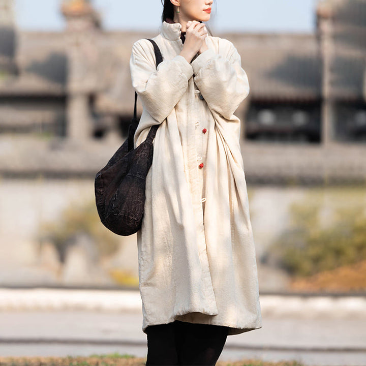 Buddha Stones Winter Solid Frog-Button Ramie Cotton Women's Long Sleeve Thermal Coat With Pockets - image 5