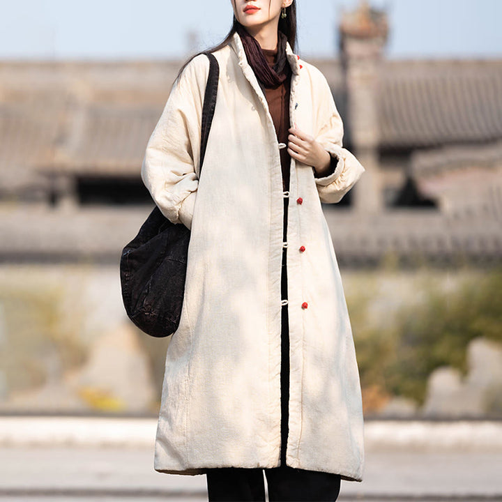 Buddha Stones Winter Solid Frog-Button Ramie Cotton Women's Long Sleeve Thermal Coat With Pockets - image 8