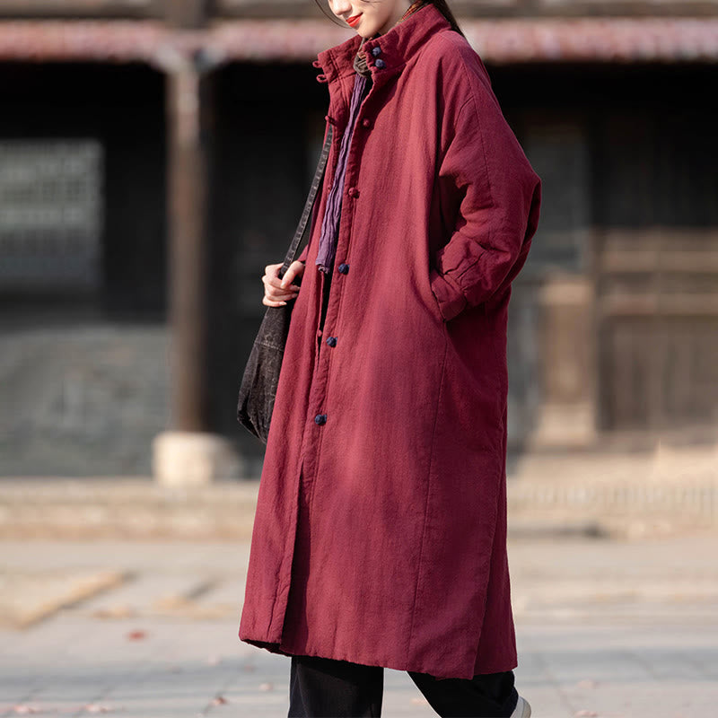 Buddha Stones Winter Solid Frog-Button Ramie Cotton Women's Long Sleeve Thermal Coat With Pockets - image 13