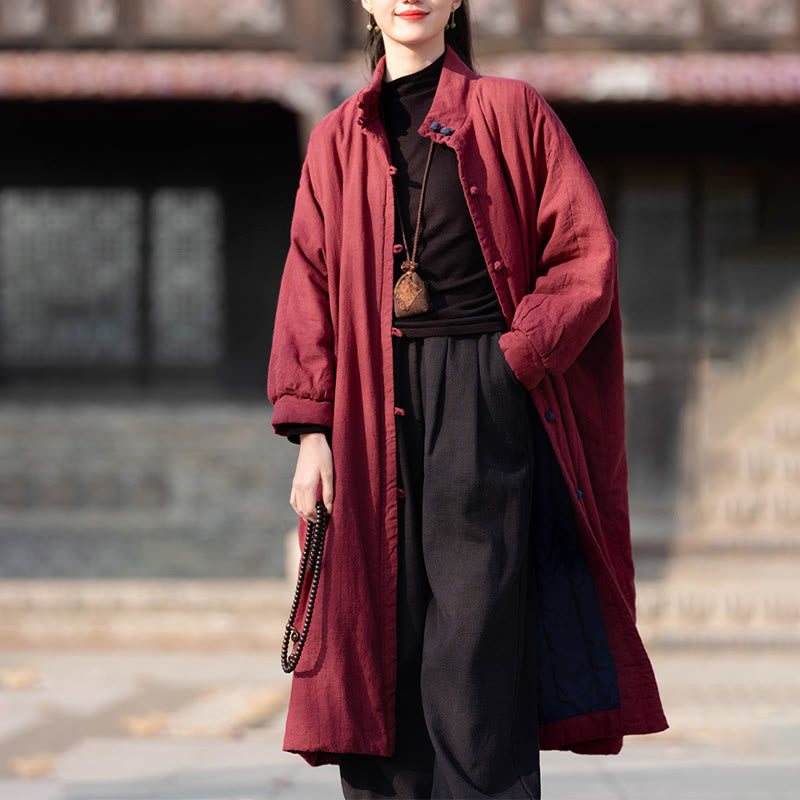 Buddha Stones Winter Solid Frog-Button Ramie Cotton Women's Long Sleeve Thermal Coat With Pockets - image 15