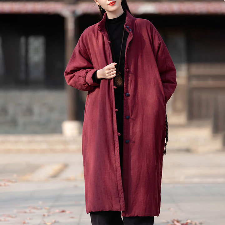 Buddha Stones Winter Solid Frog-Button Ramie Cotton Women's Long Sleeve Thermal Coat With Pockets - image 20