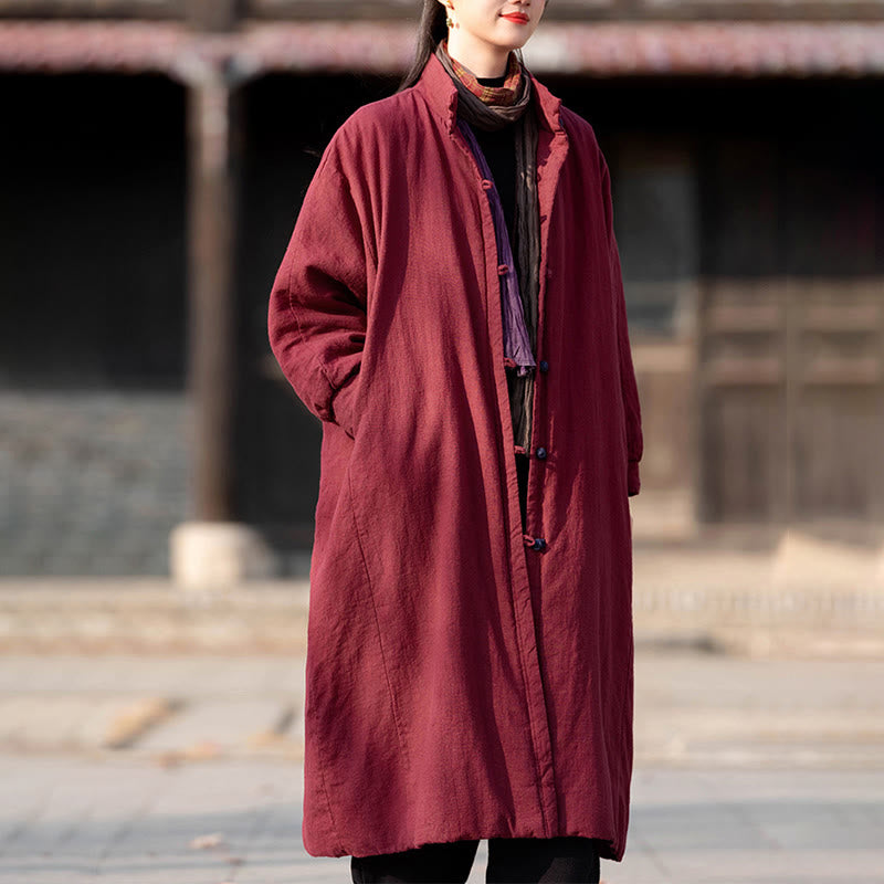 Buddha Stones Winter Solid Frog-Button Ramie Cotton Women's Long Sleeve Thermal Coat With Pockets - image 11